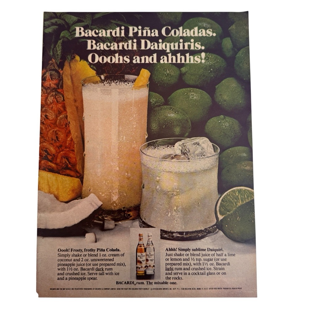 1980 Bacardi Rum Vintage Magazine Print Ad Pina Colada Daiquiris‎ Recipe Page